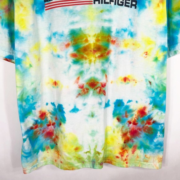 Tommy Hilfiger Large Tee Shirt Sunny Side Tie Dye Handmade Yellow Blue 232 - Picture 7 of 9